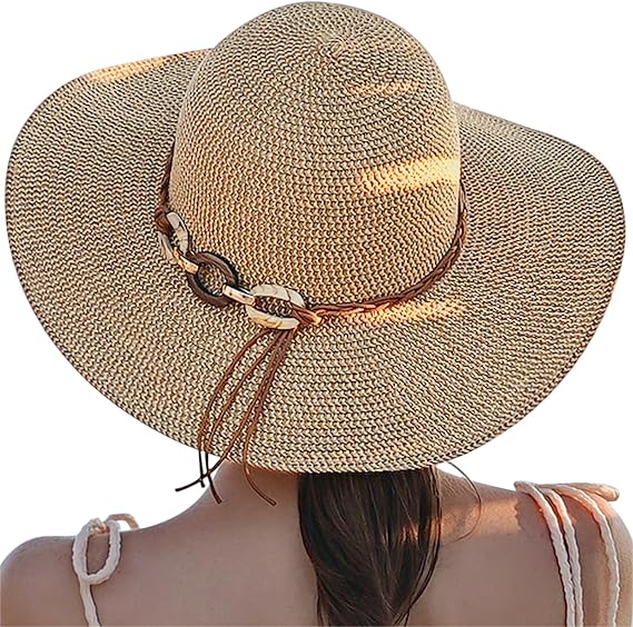 Beach Sun Straw Hats for Women, UPF 50+ UV Sun Protection Wide Brim Summer Straw Hat Foldable Packable Roll up Cap