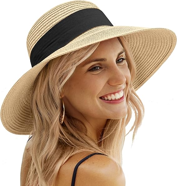 Beach Sun Straw Hats for Women, UPF 50+ UV Sun Protection Wide Brim Summer Straw Hat Foldable Packable Roll up Cap